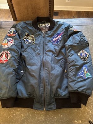 NASA Space Shuttle Flight Patches Bomber Jacket Men's Large Up and Away