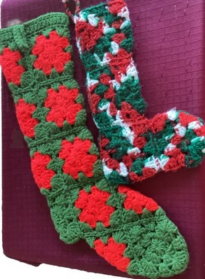 Vintage Crochet Christmas Stocking Handmade Granny Square Set of 2
