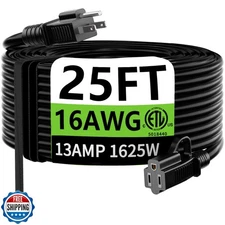 HUANCHAIN Indoor Outdoor Black Extension Cord 25 ft Waterproof, 16/3 Gauge Fl