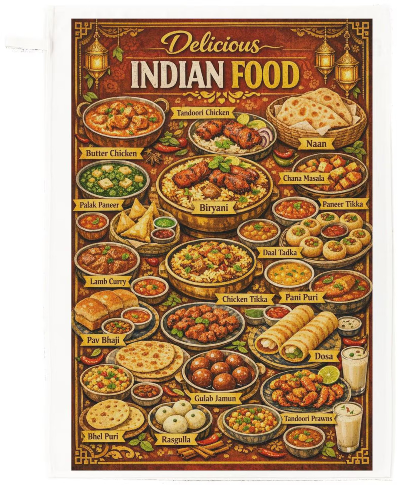 Indian Food Cotton Tea Towel – Illustrated Indian Dishes Kitchen Towel