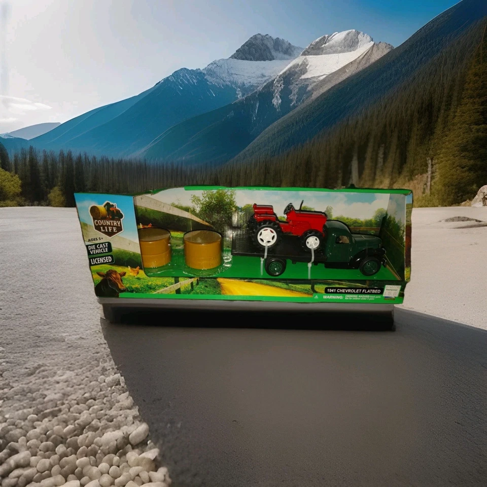 NEW RAY 1941 FLATBED CHEVY CHEVROLET W/ RED TRACTOR & HAY BALES DIECAST CAB FARM - Image 1 of 2