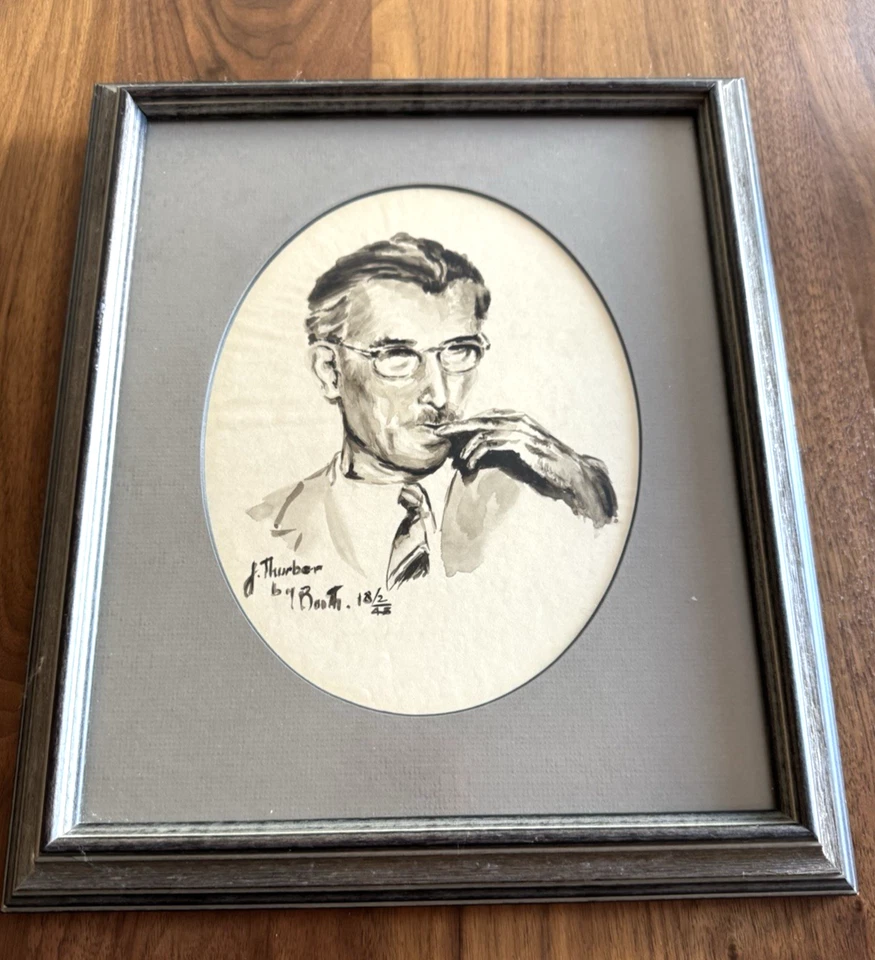 Retrato en acuarela James Thurber 1948 - arte de autor neoyorquino - cabina firmada Foto 2 de 4