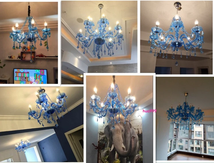 Lámpara de araña de cristal azul europea de lujo para interiores Foto 4 de 4