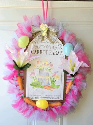 Handmade 18 In Tulle Easter Egg Wreath-Cottontail Carrot Farm-colorful& Bunny 