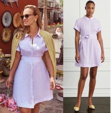 Hill House Shirt Dress XXS 0 Linen Pinstripe Lilac Button Belted Midi Shirtdress