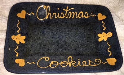 Red Clay Pottery Blue Glaze Christmas Cookies Gingerbread Man Plate ServingTray