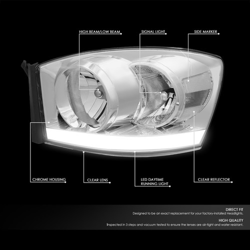 CHROME HOUSING CLEAR HEADLIGHT+DRL+RED FULL LED TAIL LIGHT FIT 07-09 DODGE RAM - Picture 6 of 8