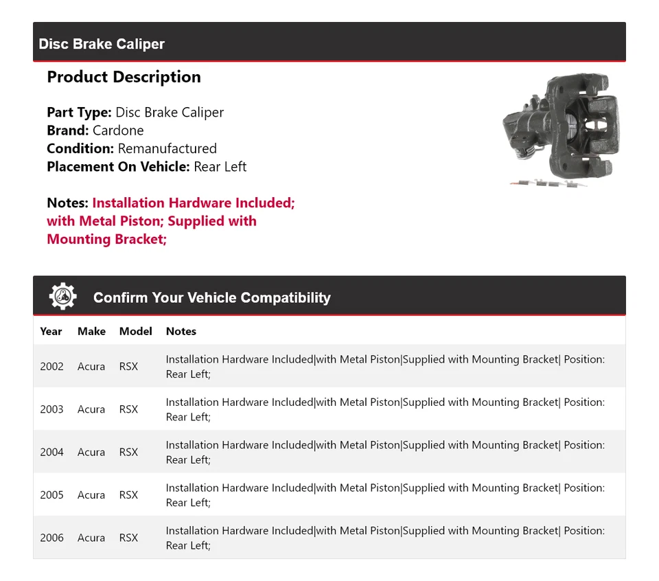 Pinza de freno de disco trasera izquierda Cardone 2003 2004 2005 para Acura RSX 2002-2006 Foto 2 de 4