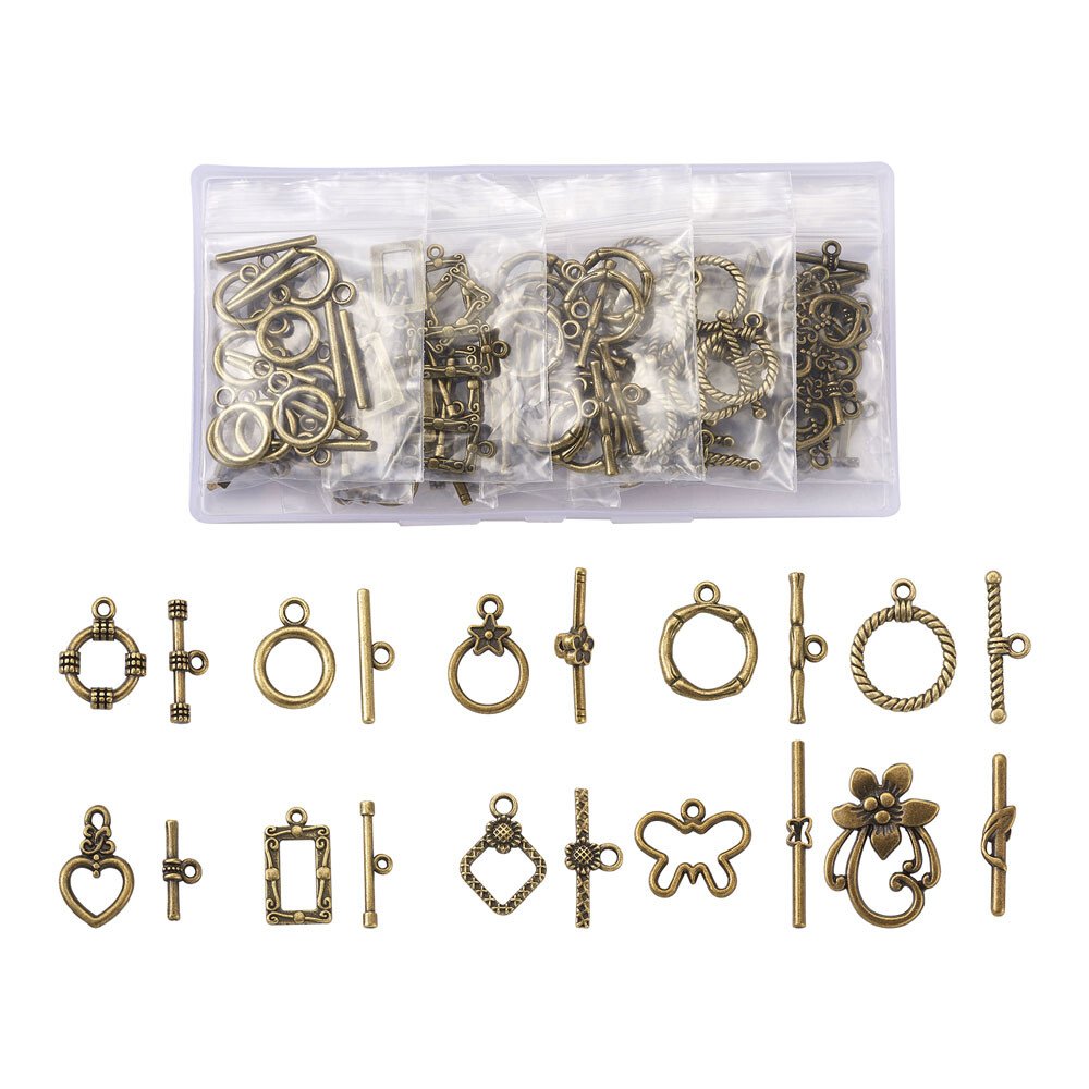 100sets Tibetan 10 Styles IQ Toggle Clasps Antique Bronze T-Bar