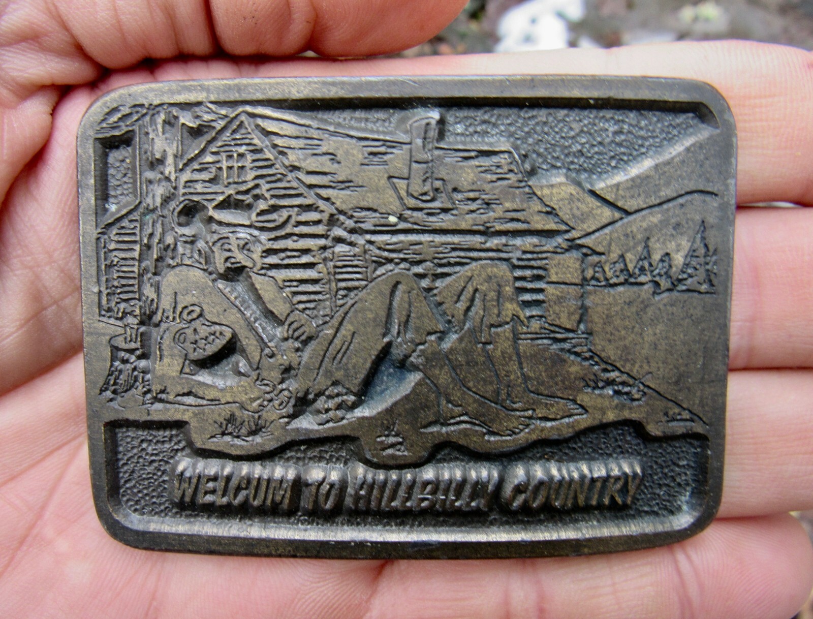 Vtg HILLBILLY Belt Buckle HICK Yokel Redneck Tras… - image 1