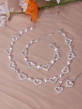 Rhinestones Jewelry Set Hollow Heart Choker Necklace Earrings Bracelet