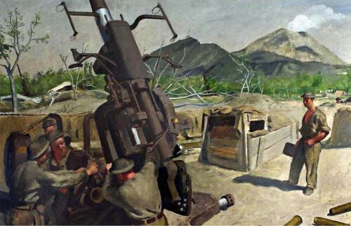 Art WWII 3.7 Anti-aircraft Gun. War Oil Painting Giclee Print Canvas - Afbeelding 1 van 1