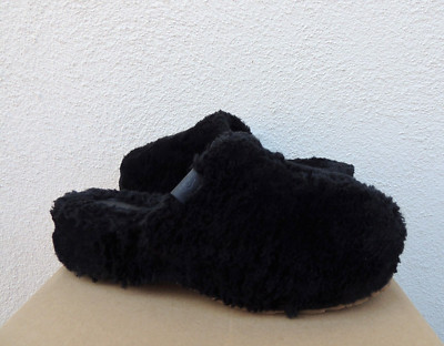 UGG BLACK FUZZ SUGAR CLOG FAUX FUR FLUFF SLIPPERS, WOMEN US 11/ EUR 42 ~NEW