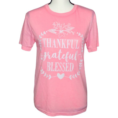 Thankful Grateful Blessed T-Shirt Size Small Heart Wreath Light Pink New