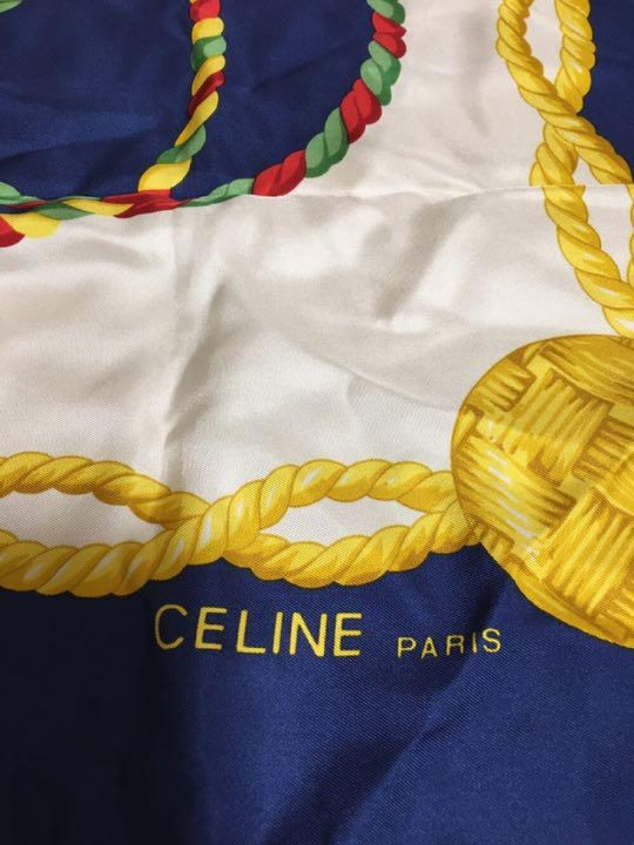 CELINE large scarf 85cm 33″ square silk Tassel navy | eBay