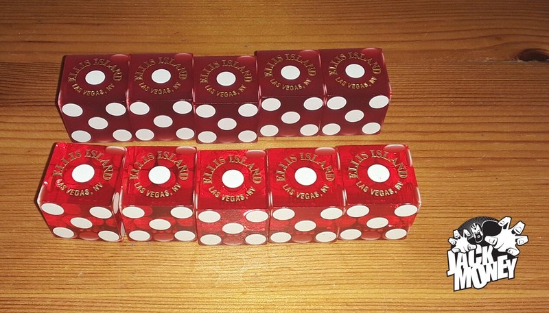 ELLIS ISLAND LAS VEGAS USED CASINO DICE, PAIR OF STICKS of FIVE Gloss RED, SAND