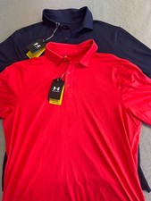  2 Under Armour Golf Polos New Aura Heather Set of 2 MSRP 160 Red  Navy