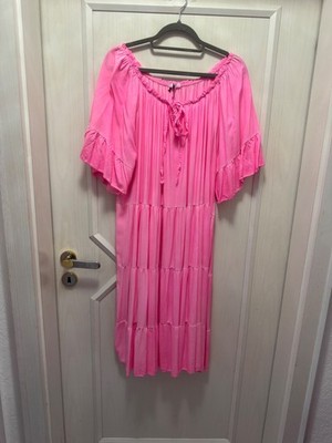 Blusen Tunika Kleid  Carmen  , KA,Rüschen,Gummizug, A-Linie, Neon Pink  50/52/54