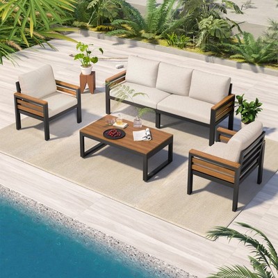 4-Piece Outdoor Patio Furniture Set Sofa Chair Coffee Table w/ Removable Cushion