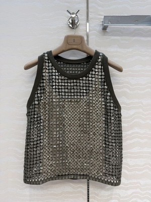 Brunello Cucinelli Linen Yarn Openwork Embroidery Sequin Crochet Vest for Women