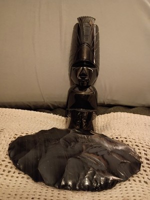 Carved Black Obsidian Aztec Figure Statue And An Obsidian Bi face Knife.