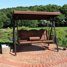 3-Person Steel Patio Swing Bench with Side Tables/Canopy - Brown by Sunnydaze