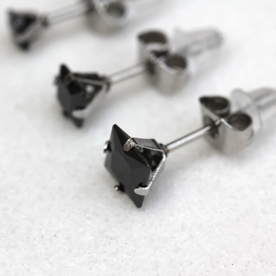 Pair of 316L Stainless Steel Black Princess Cut Cubic Ziroconia Stud Earrings - Image 2 of 4