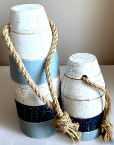 Set of 2 Nautical Wood Decorative Buoys Distressed Coastal Beach House Decor