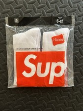 Supreme Hanes Cushioned Crew Socks White Red Reinforced Heel Toe Size 6-12