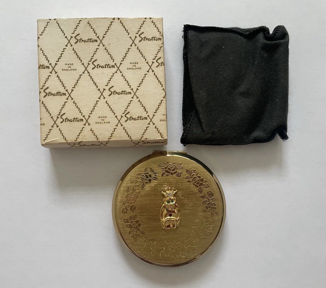 NEW Stratton Gold Compact Lucky Billiken Crystals Enamel 3" w/Pouch & Box
