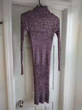 Moda International Women Small Sweater Dress Stretch Midi Mock Neck Purple Pink