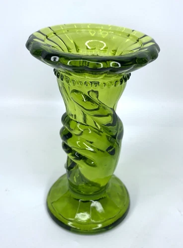 FENTON Vintage Green Art Glass Torch Bud Posey 4" Hand Vase