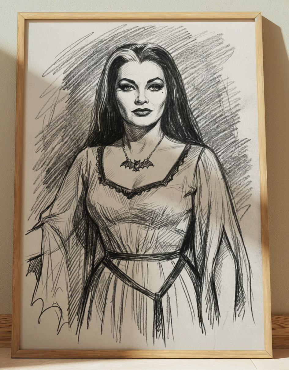 LILY MUNSTER THE MUNSTERS YVONNE DE CARLO DRAWING PRINT SKETCH 8" x 10" HORROR