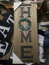 Dark Wooden Plaque Home spelled vertically with Black Letters Artificial Wreath