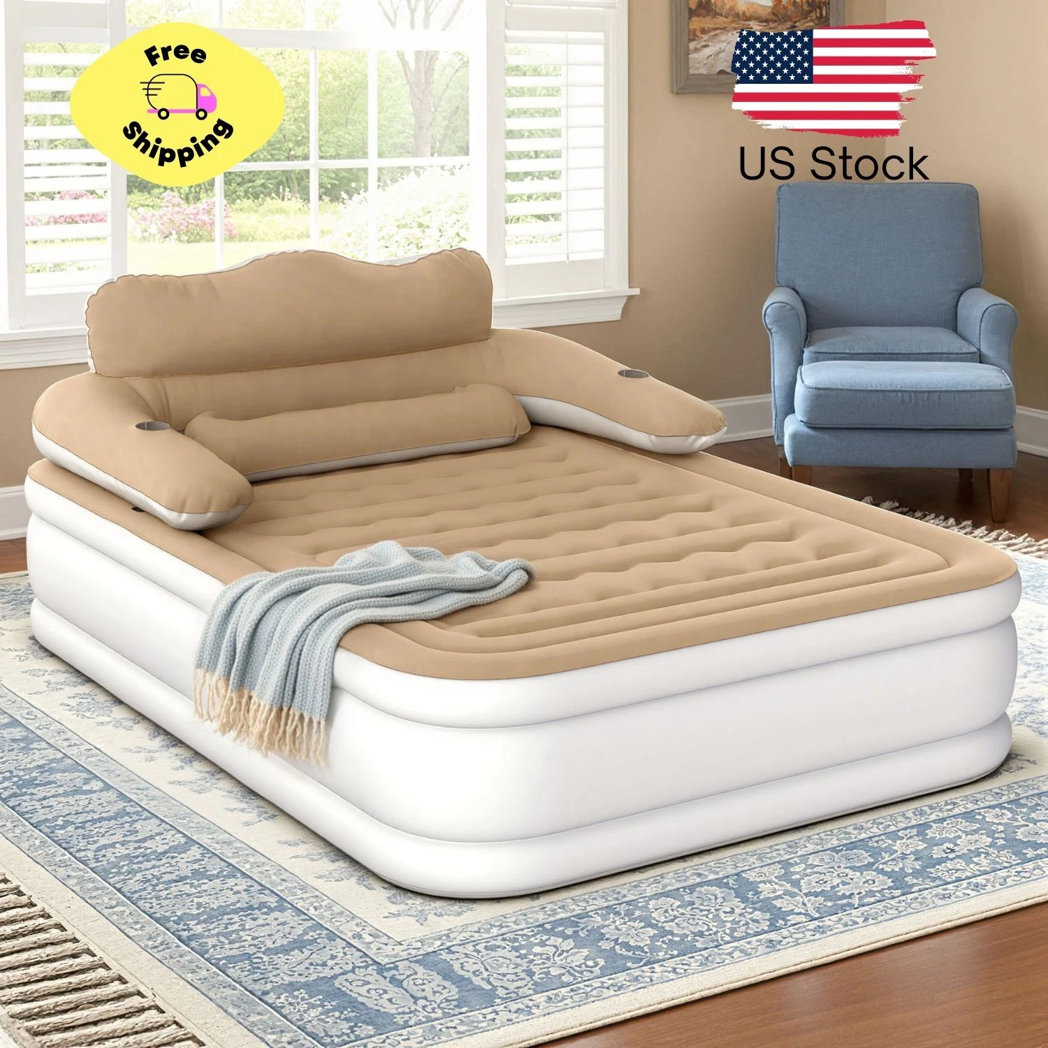 FullXL Air Mattress with Headboard, 18" Inflatable Bed w/ Built-in Pillow, Brown
