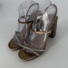 Nina New York Shoes Womens Size 7.5M Gold Strappy Rhinestone Block Heel Sandals