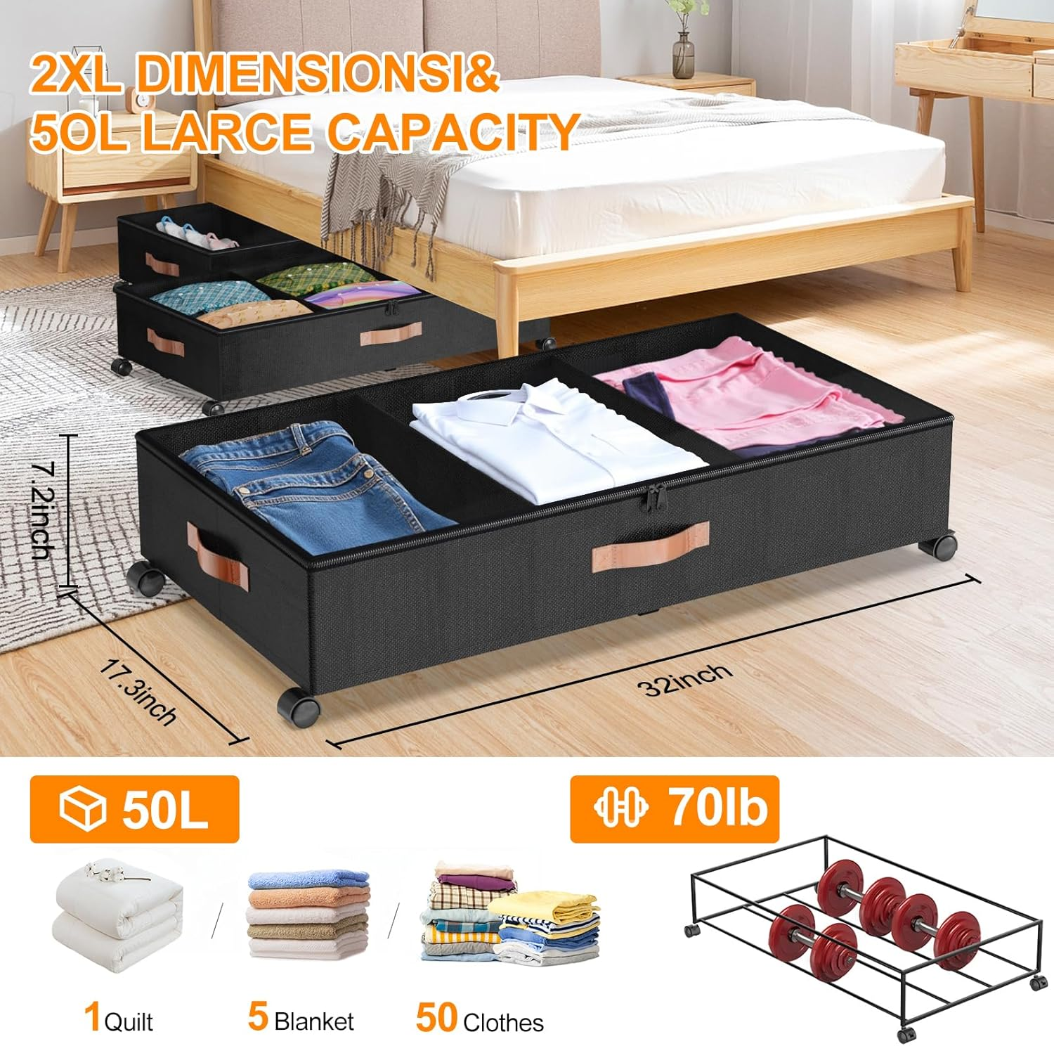 Under Bed Storage with Wheels, 2 Pack under Bed Storage Containers with Divid...-image