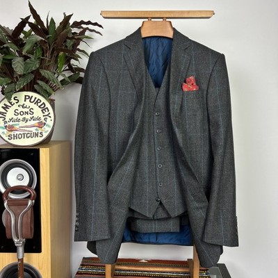 Richard James Savile Row (38R) Tweed Glen Check POW 3 Piece Suit Soft Grey Wool