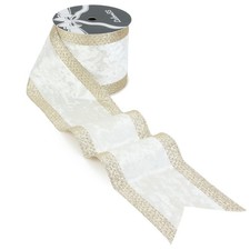 4" Ivory Christmas Crushed Velvet Wired Ribbon with Champagne Gold Glitter St...