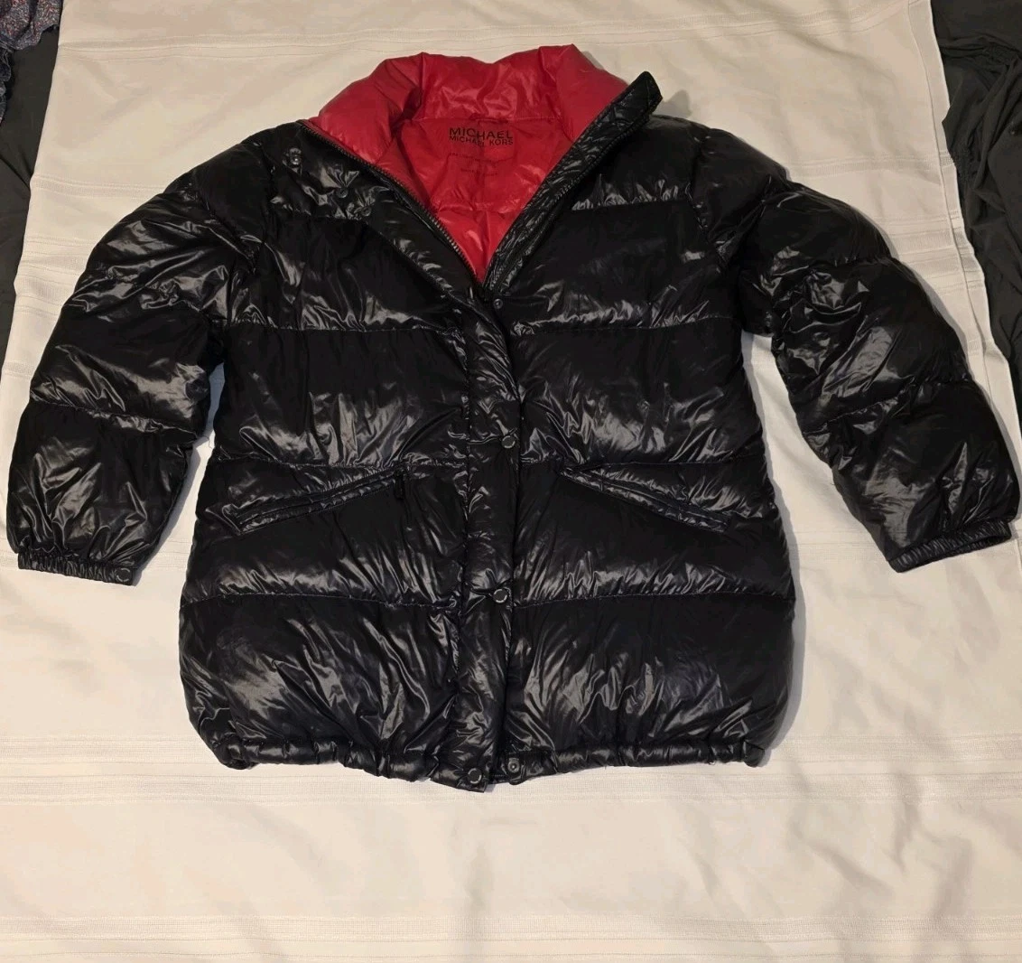 MICHAEL KORS PIUMINO ULTRA LEGGERO PUFF NERO ROSSO GIACCA ZIP SNAP Taglia Large