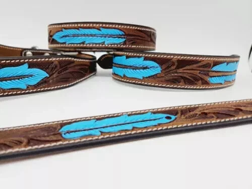 Leather Dog Collar Aqua Feather Tooled Collar Hand Painted For Your Pet
Opens in a new window or tab