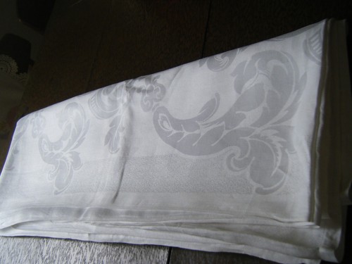 Antique banquet tablecloth Irish linen damask w design h stitched hems 128"x88" - Picture 9 of 14