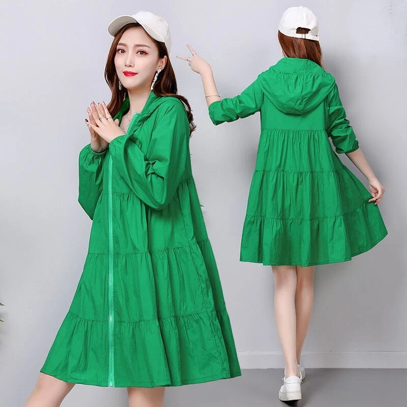 Summer Women Hooded Dust Coat Midi Windbreaker Zip Jacket Korean Loose Thin - Image 3 of 4