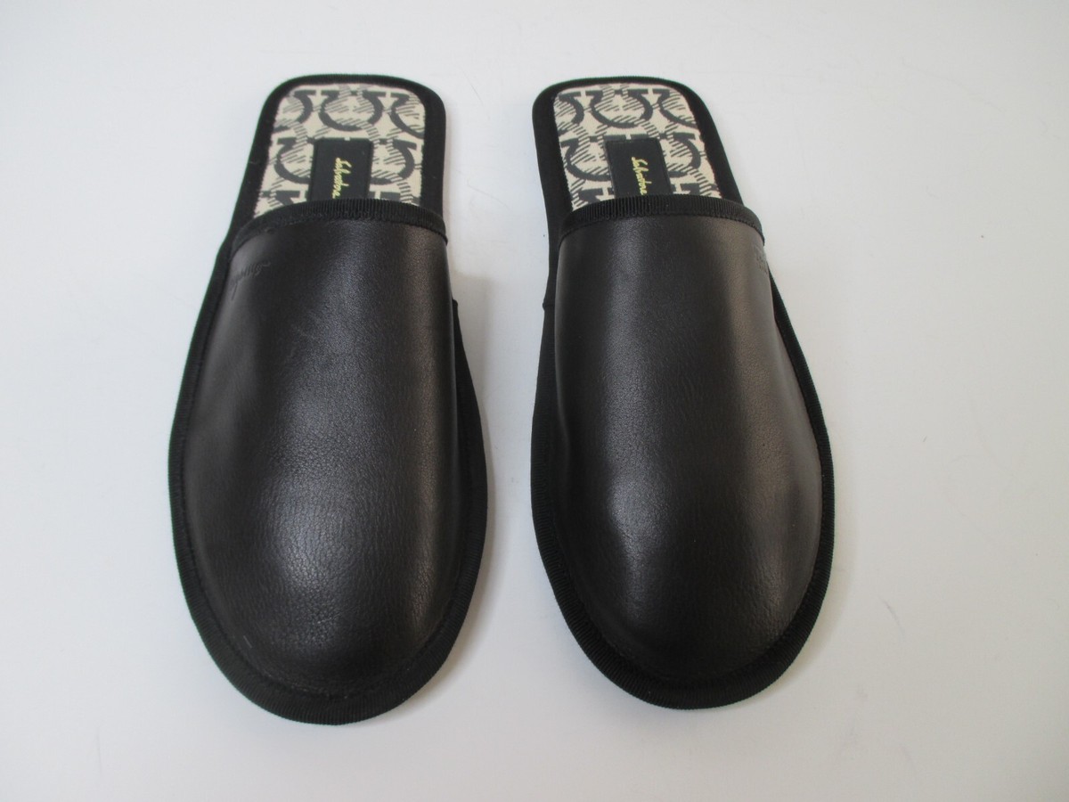 Ferragamo Present Mens Black Leather Slippers Size 7 M Made