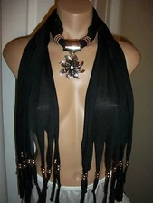 SCARF PENDANT NECKLACE  SHAWL WRAP SILVER TONE FLOWER W/ RHINESTONE  JEWELRY NEW