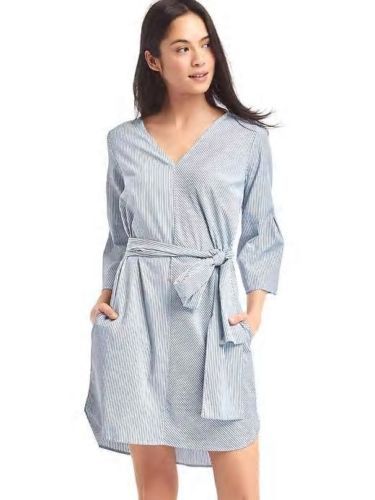 NWT Gap Thin Stripe front-tie dress, blue & white stripe SIZE L #526641 v521