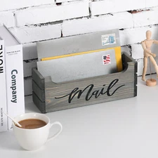 Vintage Cursive Mail Writing Gray Wood Crate Mail Sorter Box  Holder Organizer