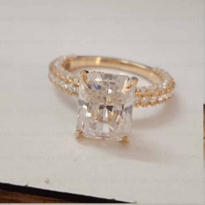 Radiant Moissanite Hidden Halo Engagement Wedding Ring in 14K Yellow Gold Plated