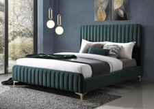 Beautiful Naia Green Fabric Double Bed With Golden Legs