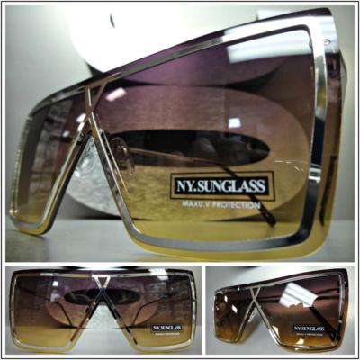 OVERSIZED EXAGGERATED VINTAGE RETRO SHIELD Style SUN GLASSES Large Silver Frame